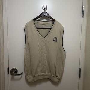 Cutter & Buck Men's V-Neck Cable Knit Sweater Vest - Tan with Black Trim